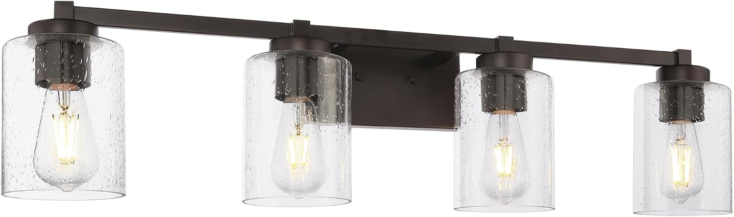Beionxii Bathroom Vanity Lights, 4-Light Vintage Wall Sconce Light Fixtures, Oil Rubbed Bronze Finish with Clear Seeded Glass - MB9002 Series