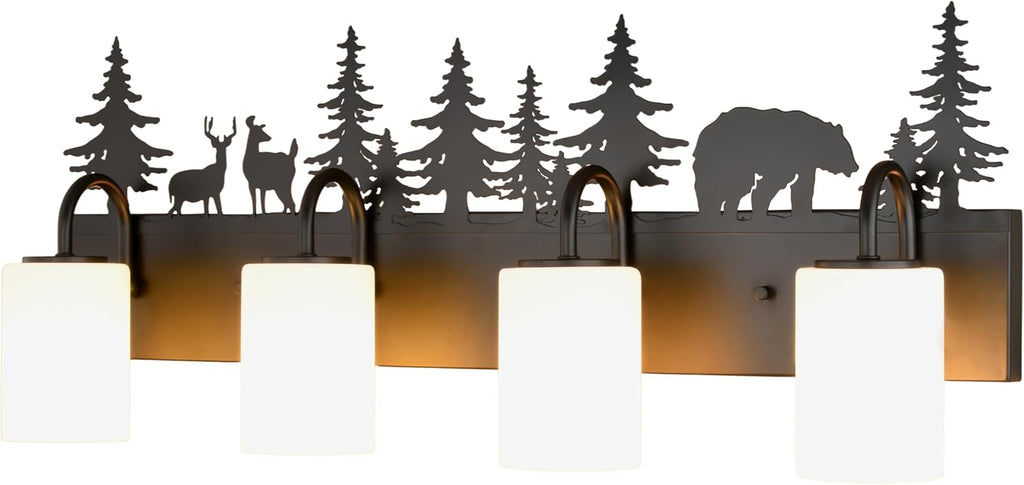 VAXCEL Acadia 4-Light 31.5 in. Wide Bronze Rustic Wildlife Bathroom Vanity Lighting Fixture with Nightlight, Frosted White Glass Shade, Dimmable, Over the Mirror Mounted Steel Wall Sconce