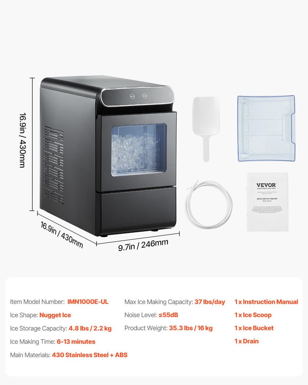 VEVOR Nugget Ice Maker, 37lbs/24H, with Self Cleaning, with Ice Scoop and Basket, Stainless Steel Ice Machine with Convenient Ice Transfer for Home Kitchen Office Black