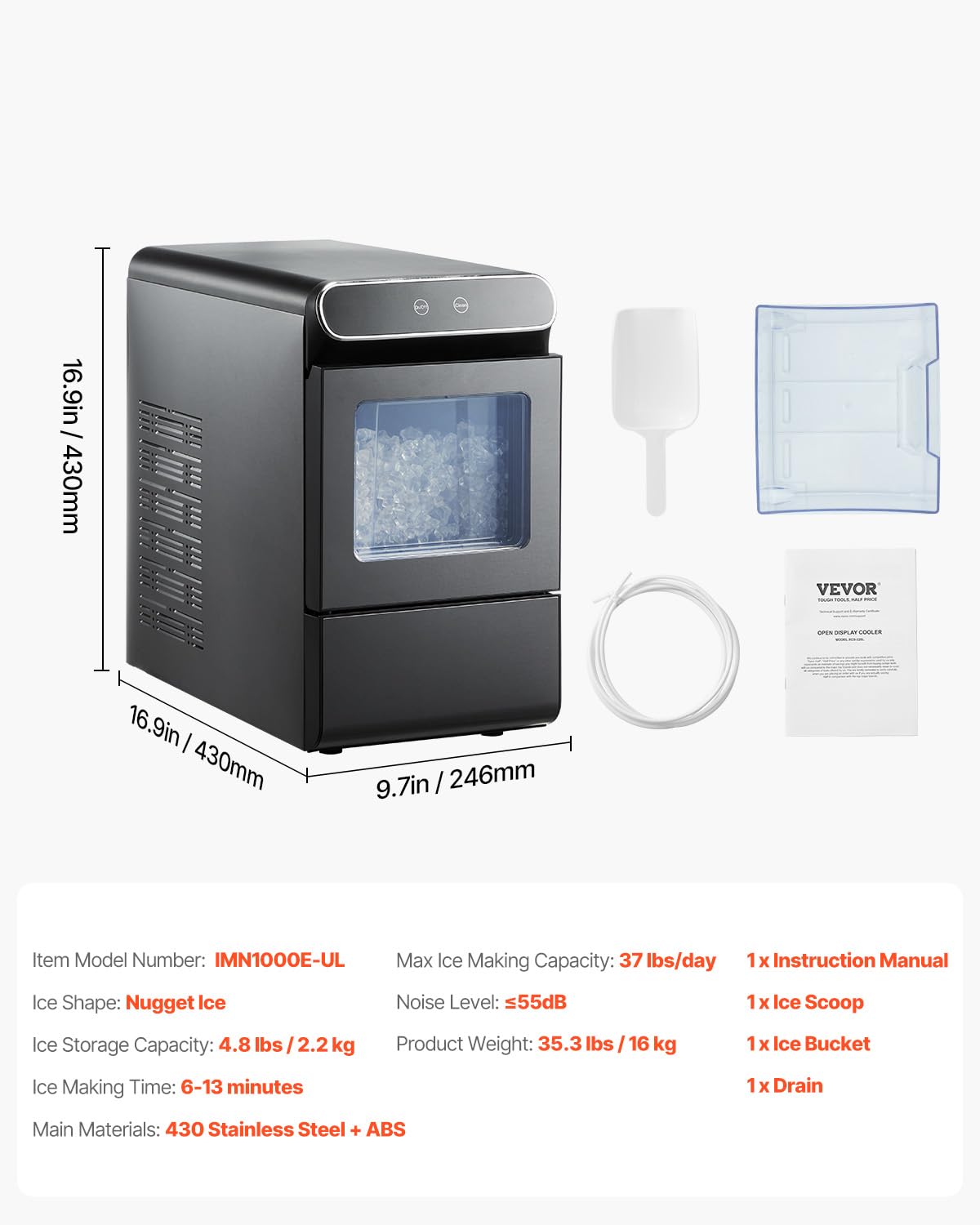 VEVOR Nugget Ice Maker, 37lbs/24H, with Self Cleaning, with Ice Scoop and Basket, Stainless Steel Ice Machine with Convenient Ice Transfer for Home Kitchen Office Black