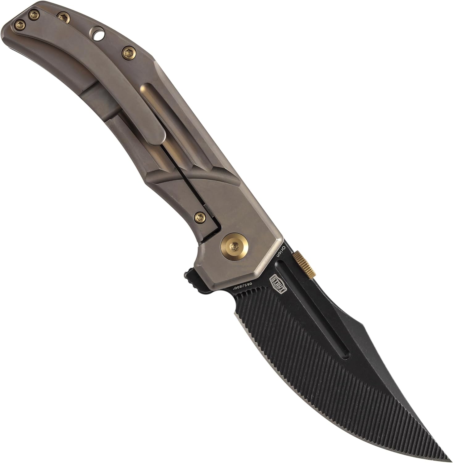 KANSEPT Orion Pocket Knife, 3.07' Blackwash S35VN Blade with Blood Groove and Bronze Anodized Titanium Handle Both Crafted with CNC Milling, Thumb Disk EDC Folding Knives for Camping, Hunting K1089A5