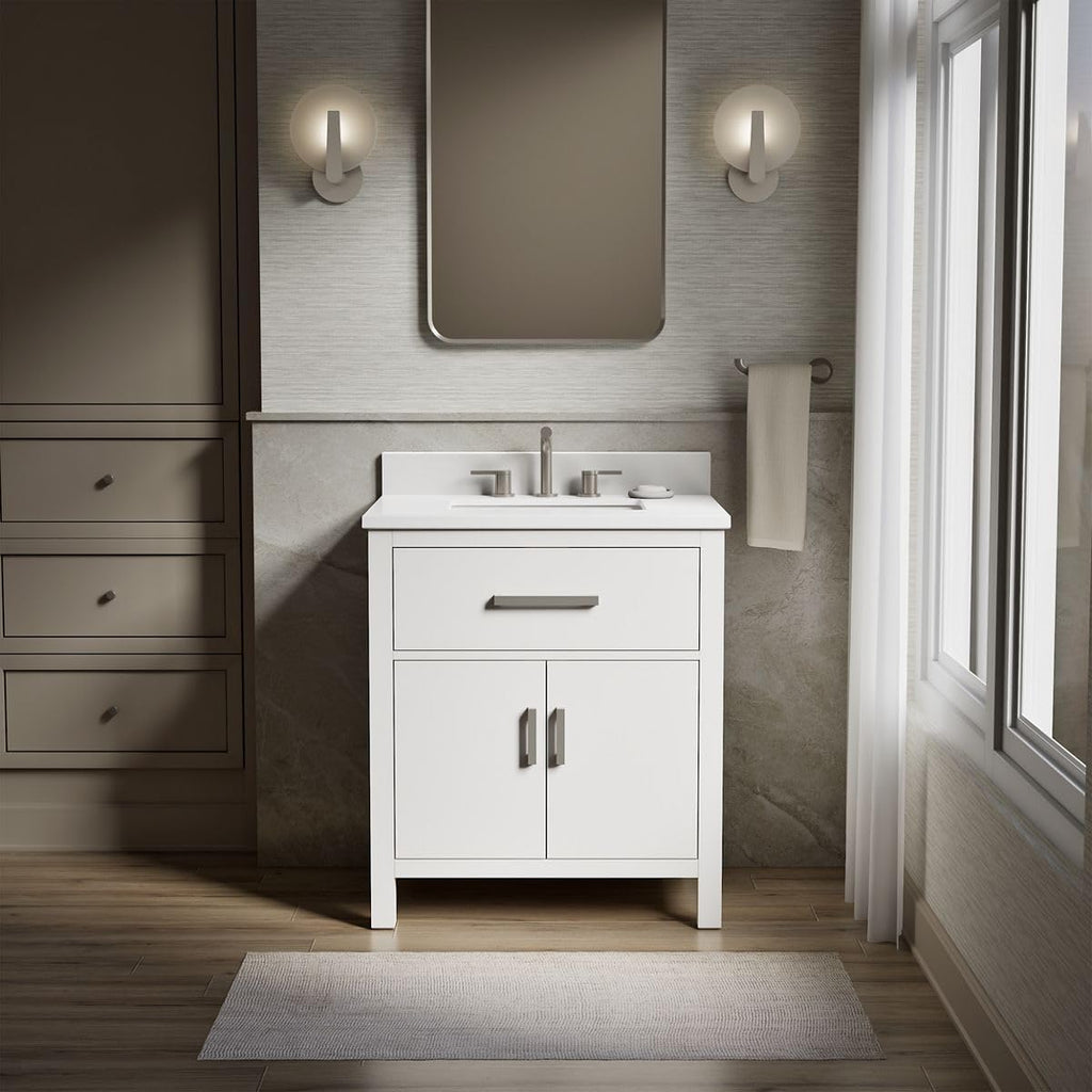 Kohler Kresla 30 Inch Bathroom Vanity Cabinet with White Single Sink and Quartz Top, Modern Bathroom Storage, White