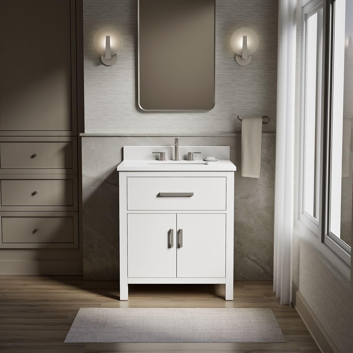 Kohler Kresla 30 Inch Bathroom Vanity Cabinet with White Single Sink and Quartz Top, Modern Bathroom Storage, White