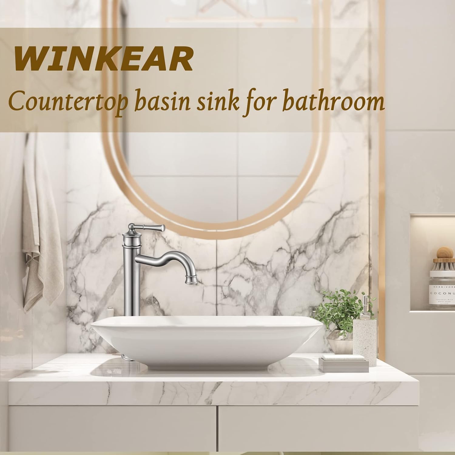 Vessel Sink Faucet Brushed Nickel Bathroom Tall Faucet Single Hole Deck-Mount Pop up Drain Assembly Without Overflow Water Supply Lines Included