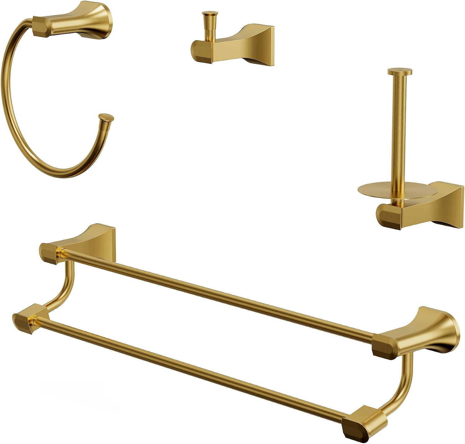4-Piece Brushed Gold Bathroom Hardware Set, 304 Stainless Steel Rustproof Wall Mounted, 24 Inch Double Towel Rack, Towel Ring, Robe Hook, Toilet Paper Holder