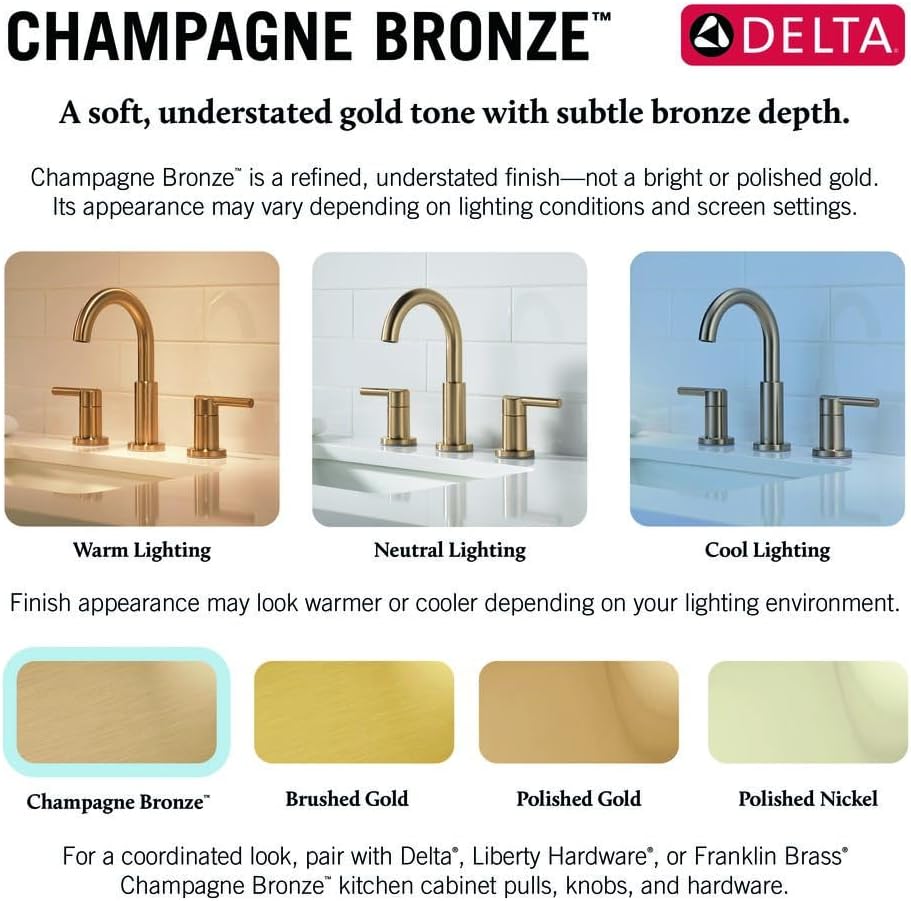 Delta Vero Brushed Gold Bathroom Faucet 3 Hole, 8 Inch Widespread Bathroom Sink Faucet for Vanity, Metal Push-Pop Drain Assembly, Champagne Bronze 3553LF-CZ