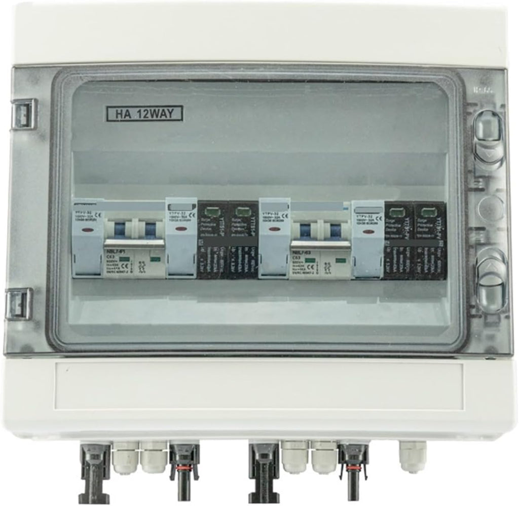 CAARLA 2-in-2-out 600V IP65 Solar PV Surge Protection DC Box Combiner Box with DC Circuit Breaker, Fuse, and Surge Protector, PVC Material, Wall-Mounted, Water Resistant