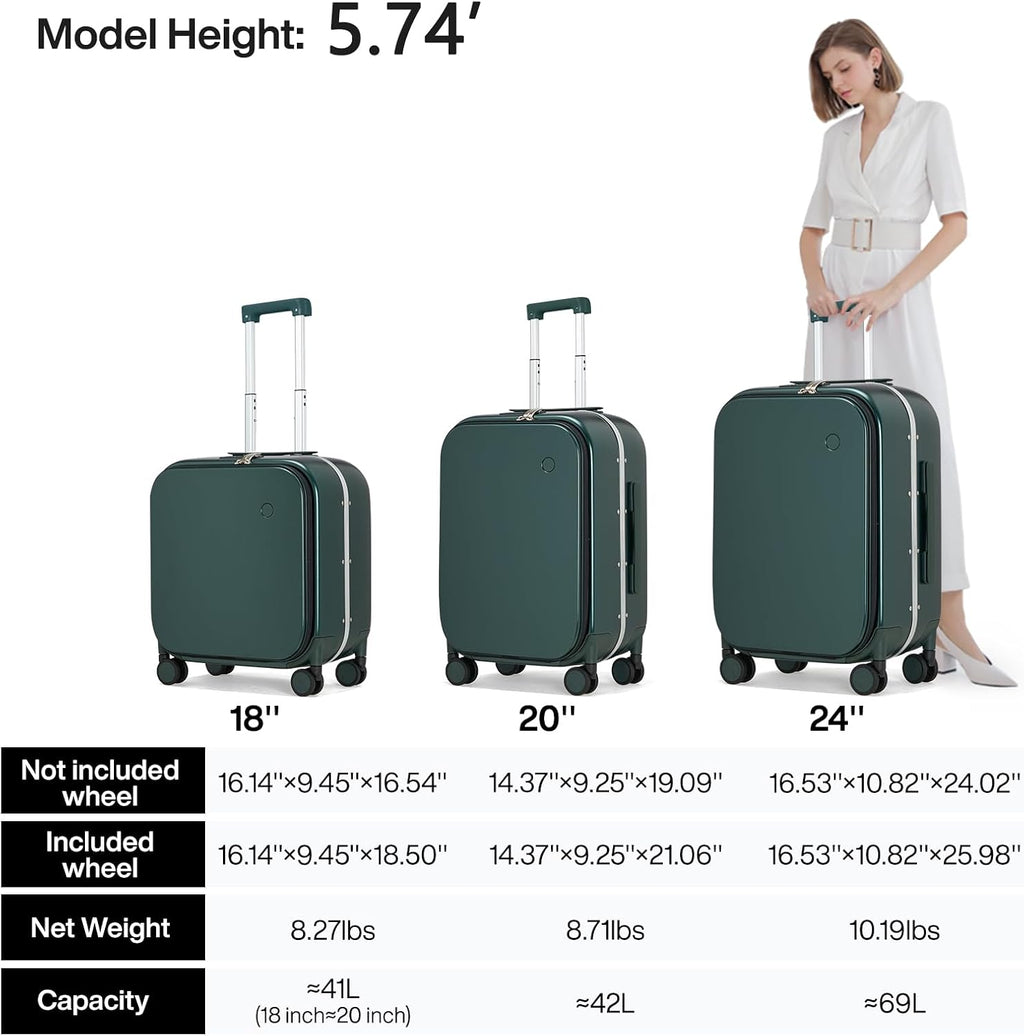 mixi Carry On Luggage, 20'' Suitcase with Front Pocket, Travel Rolling Luggage Aluminum Frame PC Hardside with Spinner Wheels & TSA Lock and Cover - Blackish Green