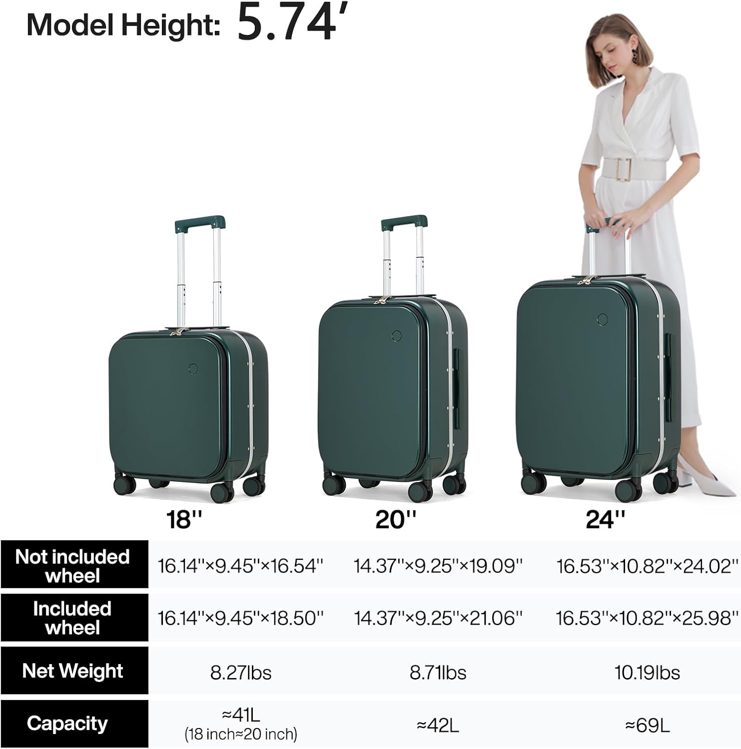 mixi Carry On Luggage, 20'' Suitcase with Front Pocket, Travel Rolling Luggage Aluminum Frame PC Hardside with Spinner Wheels & TSA Lock and Cover - Blackish Green