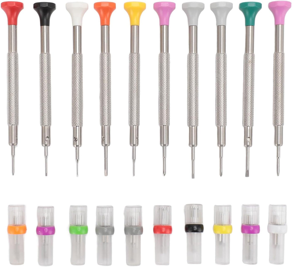 10pcs Watchmaker Screwdriver Set with 20 Extra Replace Heads, Precision Screwdriver Kit for Jewelers, Different Sizes Flat and Cross Heads for Watch Repair, Eyeglasses, Jewelry Mak (Grey)