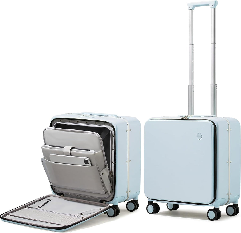 mixi Carry On Luggage, 18' Suitcase with Front Pocket, Travel Luggage Aluminum Frame PC Hardside with Spinner Wheels & TSA Lock and Cover (Not for Underseat), Glacier Blue