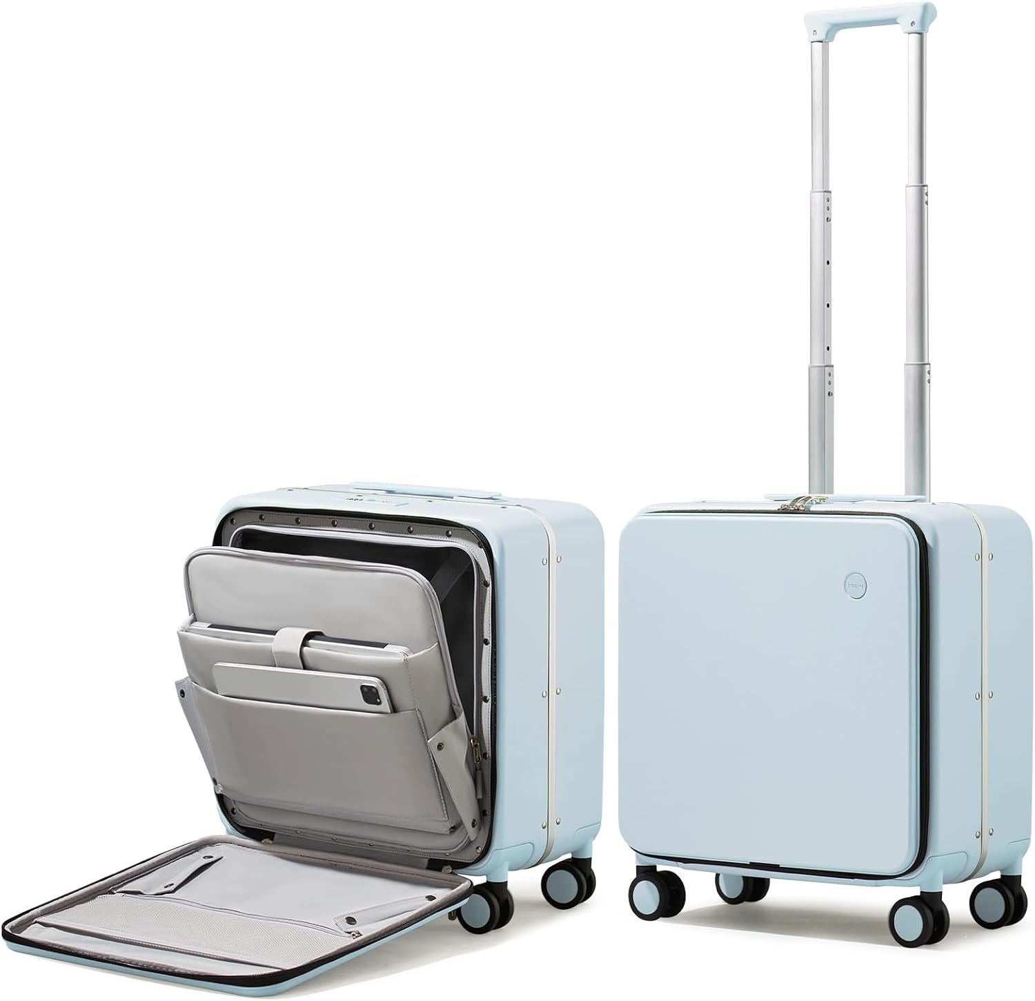 mixi Carry On Luggage, 18' Suitcase with Front Pocket, Travel Luggage Aluminum Frame PC Hardside with Spinner Wheels & TSA Lock and Cover (Not for Underseat), Glacier Blue