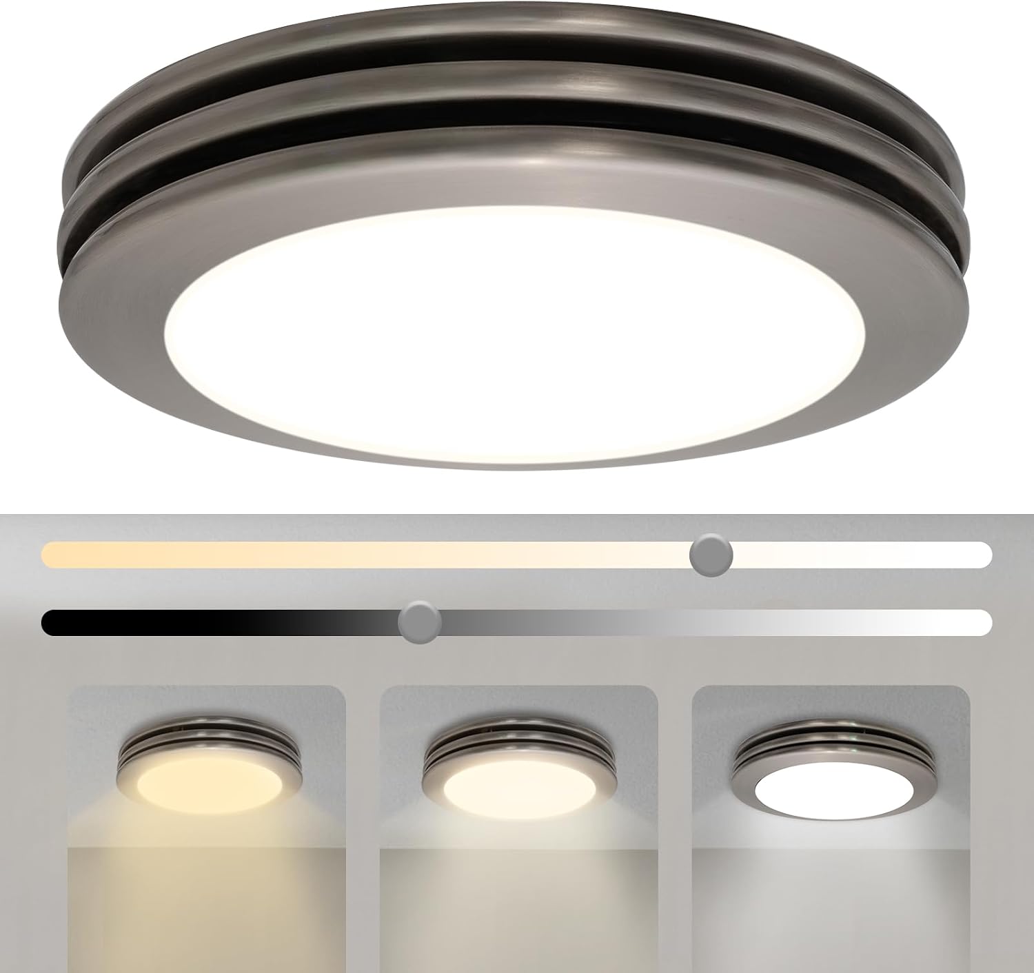 Akicon Bathroom Exhaust Fan with Shower Light, 80 CFM 2.0 Sones Round Bathroom Fan Light Combo, Dimmable 3CCT LED Lights Vent Fans with Acrylic Cover for Shower Room, Home (Brushed Nickel)