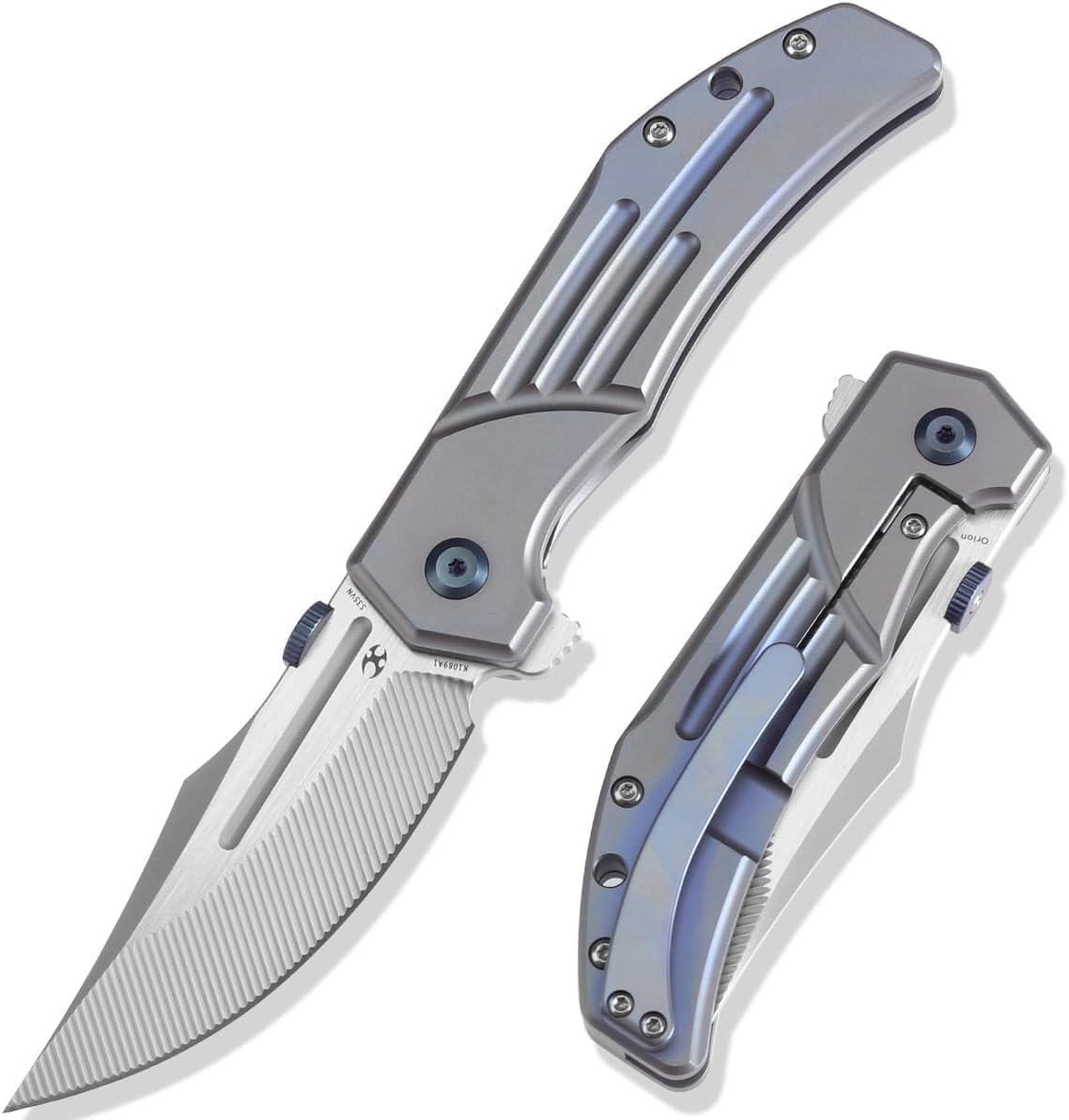 KANSEPT Orion Pocket Knife, 3.07'' CPM S35VN with CNC Milling Blade with Blood Groove, Blue Anodized Titanium Handle and Flipper or Thumb Disk, for Men Camping Survival Hunting Folding Knives K1089A1