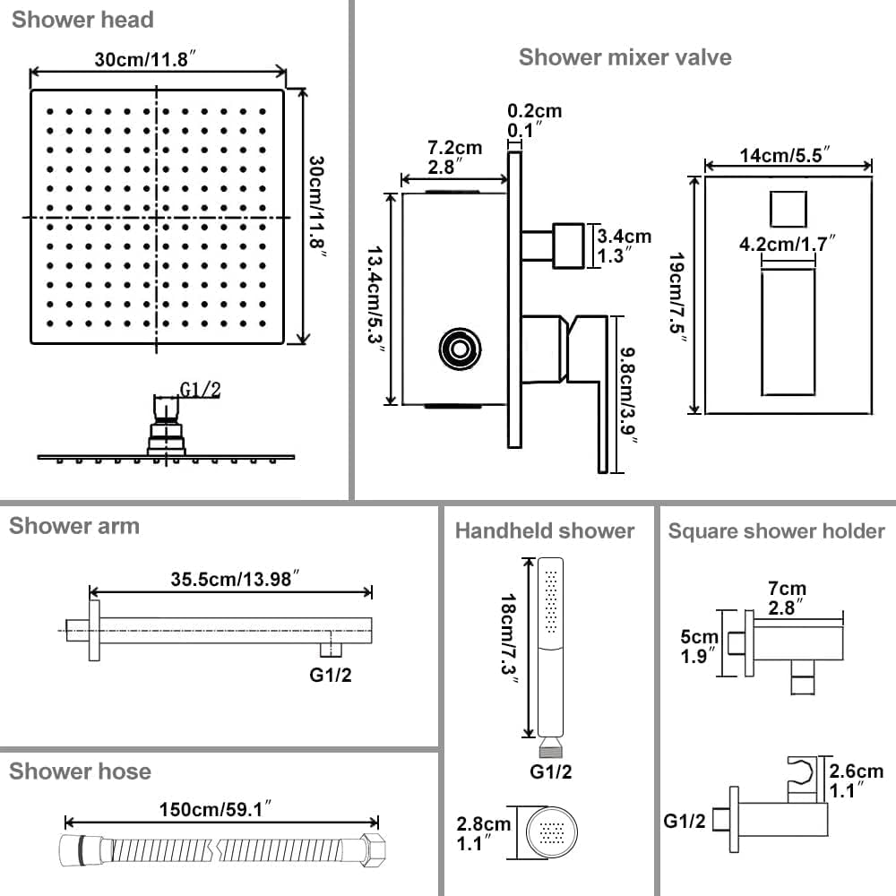 BESy Bathroom Shower System Rain Shower Head Shower Faucet Fixture | 12 Inch Rainfall Shower Head and Handle Set Wall Mounted Shower Mixer Valve Brushed Gold