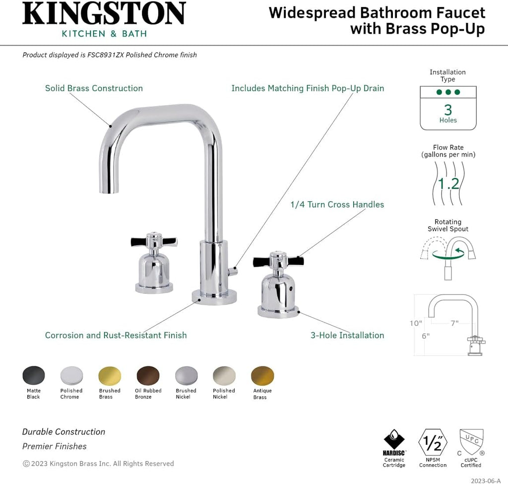 Kingston Brass FSC8938ZX Millennium Widespread Bathroom Faucet with Pop-Up Drain, Brushed Nickel