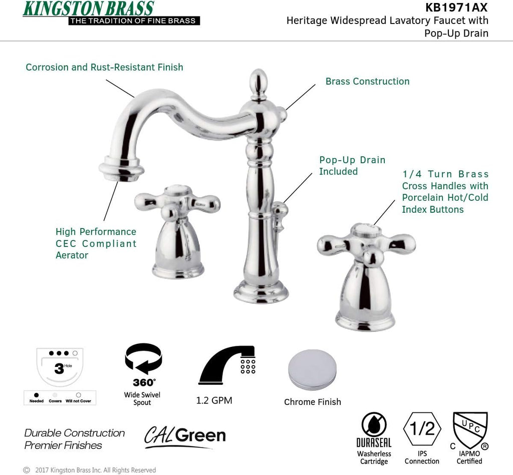 Kingston Brass KB1971AX Heritage Widespread Lavatory Faucet, Polished Chrome,8-Inch Adjustable Center
