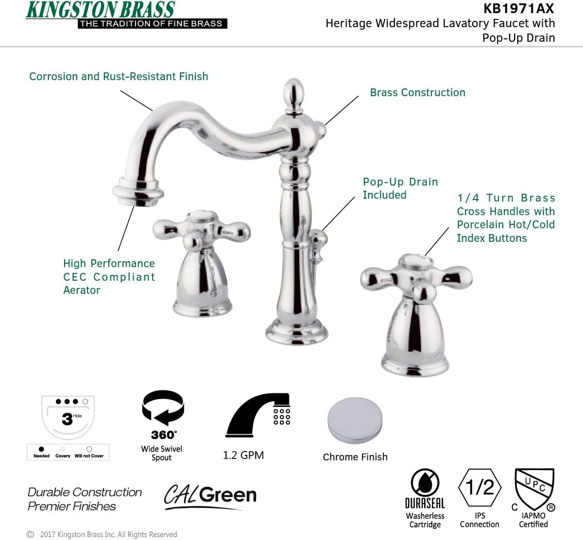 Kingston Brass KB1971AX Heritage Widespread Lavatory Faucet, Polished Chrome,8-Inch Adjustable Center