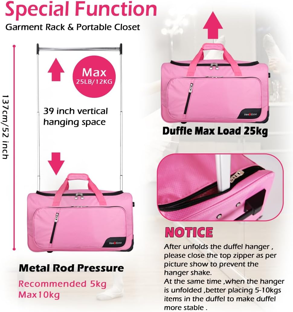 Dance Bag With Garment Rack,Dance Costumes Rolling Garment Bags For Travel,Garment Duffle Bag For Dance Competition, Wheeled Drop-Bottom Upright Luggage Closet Suitcase (23inch-Pink-E)