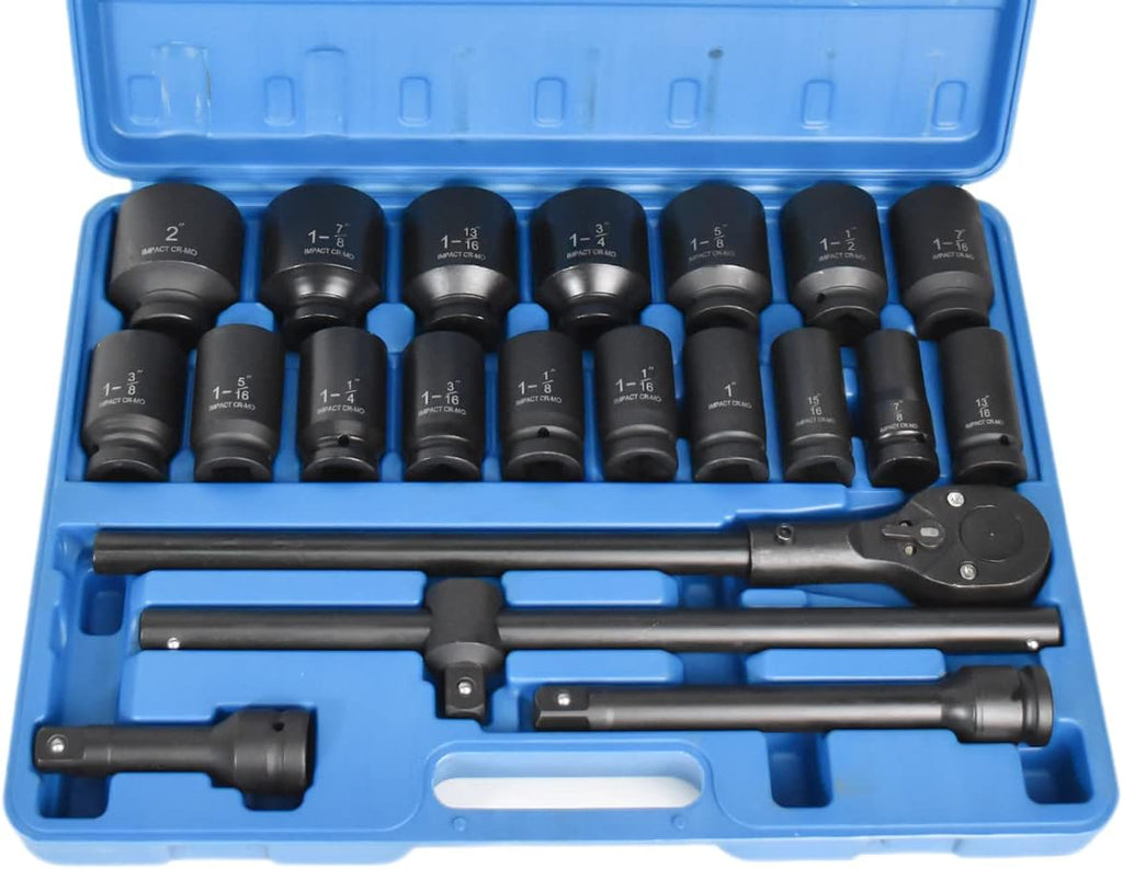 22-Pieces 3/4' DR Drive Deep Impact Socket Set, 6-Point (7/8-Inch - 2-Inch) SAE 22pc Jumbo Impact Socket Set, with Impact Adapter, Ratchet Wrench Extension Rod, Sliding Bar & Carrying Case (09090#)