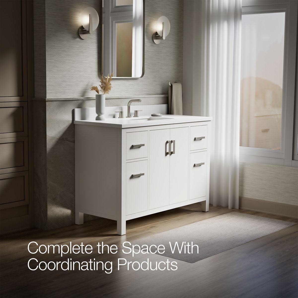 Kohler Kresla 48 Inch Bathroom Vanity Cabinet with White Single Sink and Quartz Top, Modern Bathroom Storage, White