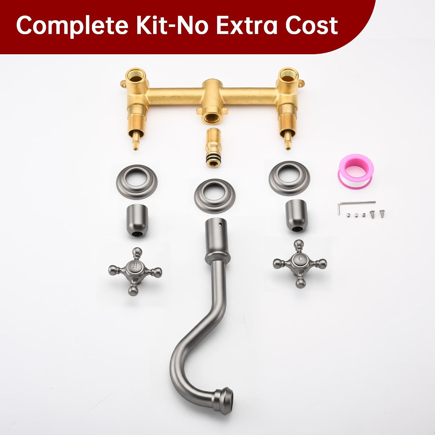 SUMERAIN Traditional Brushed Nickel Wall-Mounted Vessel Faucet, 3 Holes Cross Handles Bathroom Lavatory Sink with Included Rough-in Valve