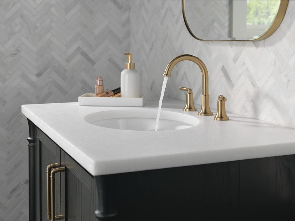 Delta Saylor Brushed Gold Bathroom Faucet 3 Hole, 8 Inch Widespread Bathroom Sink Faucet for Vanity, Metal Push-Pop Drain Assembly, Champagne Bronze 3535-CZMPU-DST