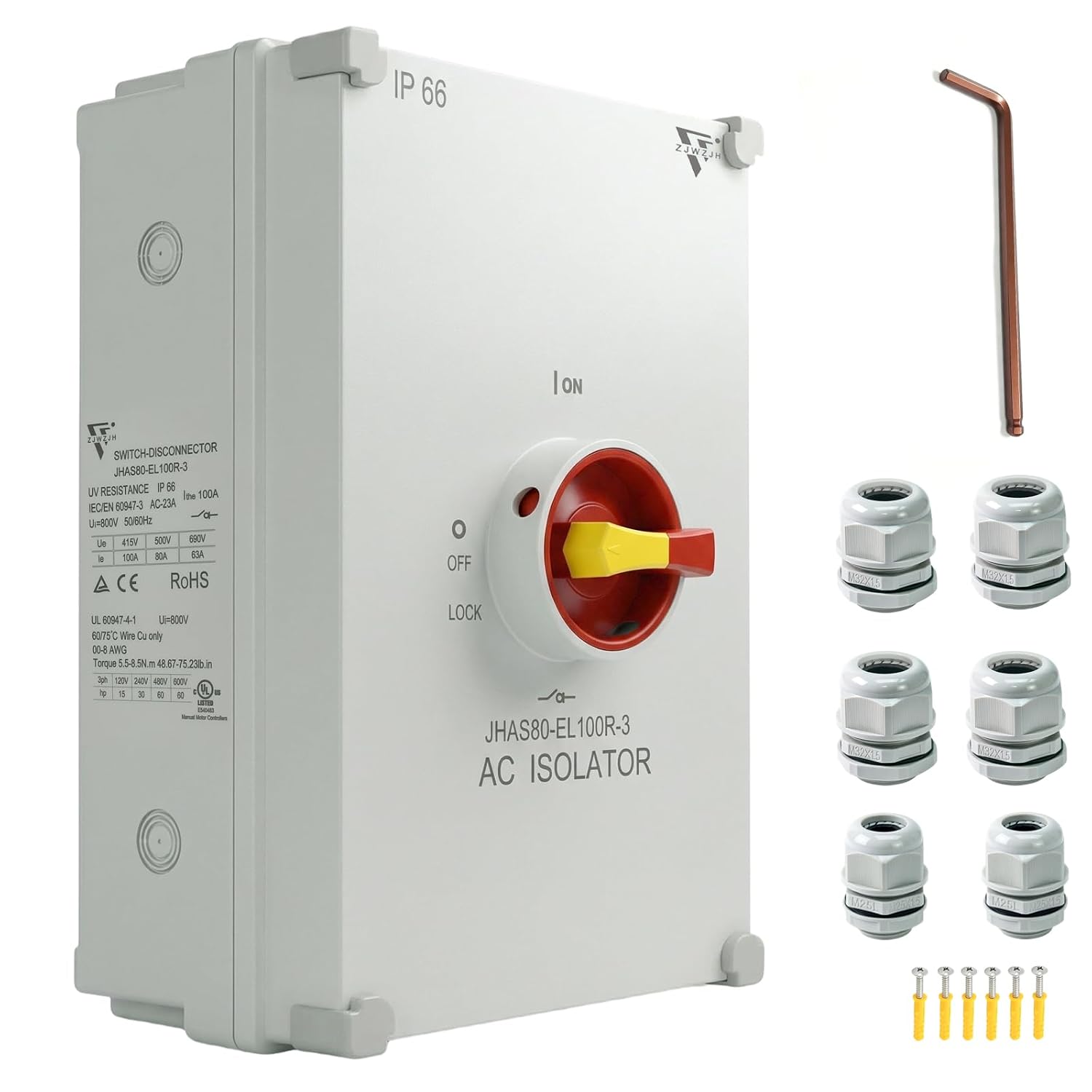 UL Listed 100 Amp AC Disconnect Switch 3-Pole 800VAC IP66 Waterproof PV Isolation 100A Service Disconnect Box Outdoor 3-Ways 100A Heavy Duty Safety Switch