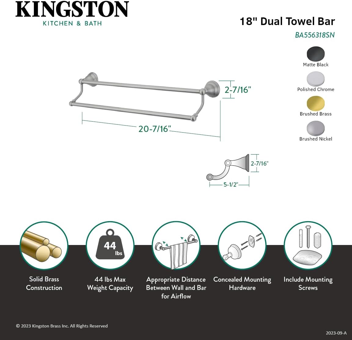 Kingston Brass BA556318BB Royale 18-Inch Dual Towel-Bar, Brushed Brass