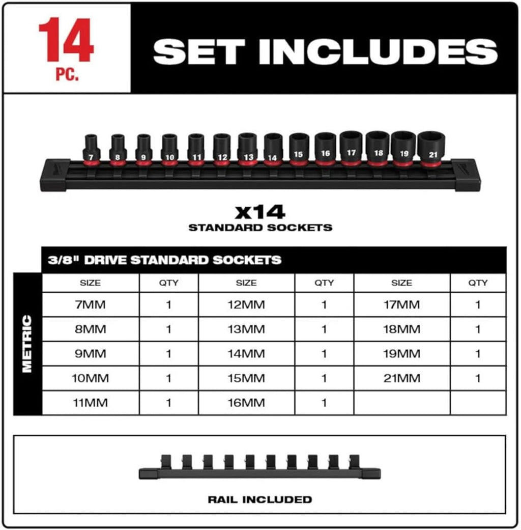 4966-7007 3/8' Drive Metric Standard Impact Socket Set - 14 PC For Milwaukee
