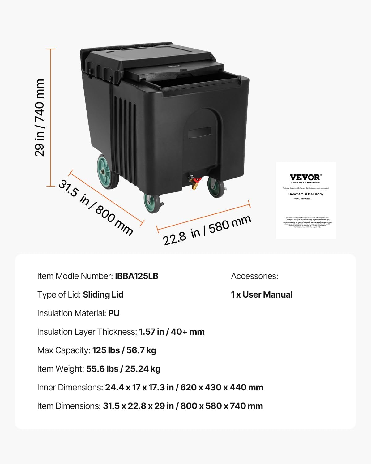 VEVOR Commercial Ice Bin, 125 lbs Portable Ice Caddy, Insulated Ice Carrier with 4 Wheels and Flip Lid, Large Ice Bin for Catering, Kitchens, Bistros, Restaurants, and Bars