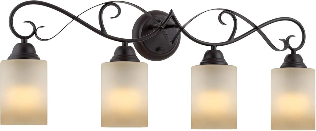 Kira Home Villa 31' Traditional 4-Light Bathroom Vanity Light with Scrollwork Design and Frosted Amber Glass Shades, Oil Rubbed Bronze Finish