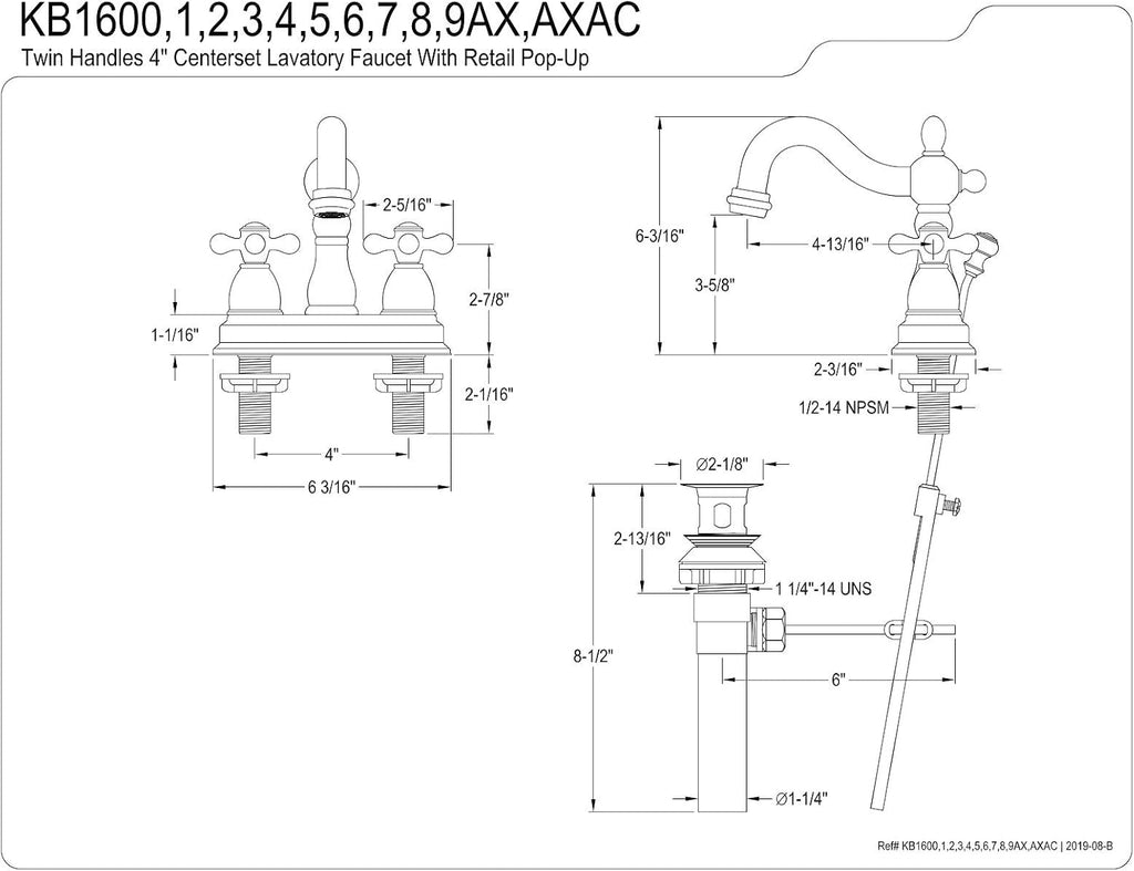 Kingston Brass KB1604AX Heritage 4' Centerset Lavatory Faucet with Metal Cross Handle, Chrome/Polished Brass