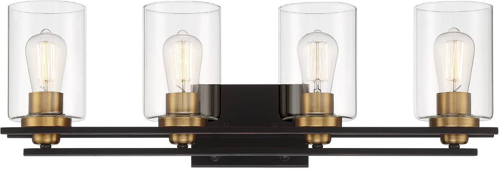 Possini Euro Design Demy Modern Industrial Wall Mount Light Oil Rubbed Bronze Gold Hardwired 27' 4-Light Fixture Clear Glass Shade for Bedroom Bathroom Vanity Living Room Home Hallway Kitchen