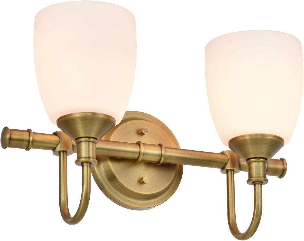 2-Light Champagne Bronze Bathroom Vanity Light Fixtures Over Mirror, Vintage Vanity Lights for Living Room, Milk White Glass Shades, Standard E26 Base