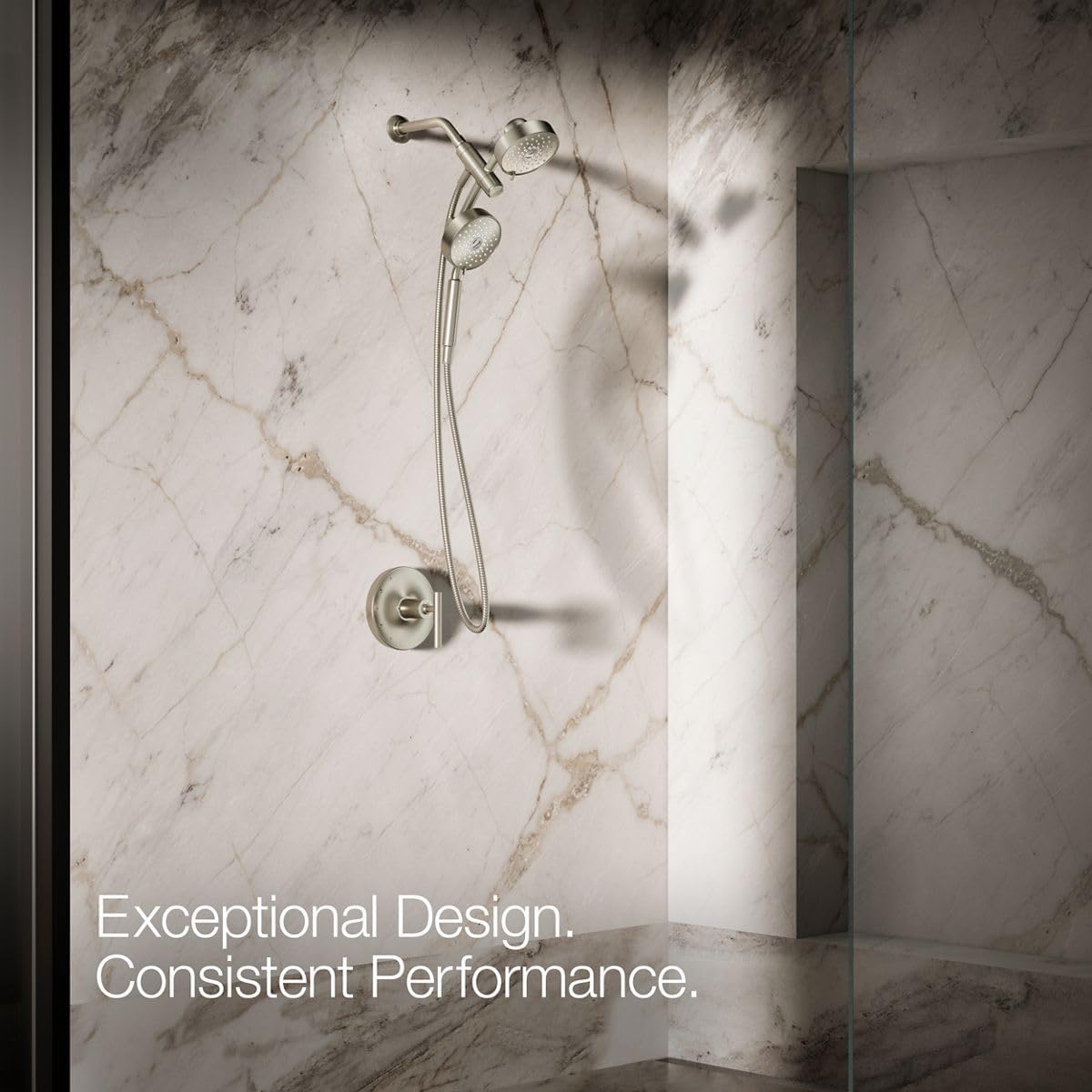 KOHLER 23219-BN Purist 2-in-1 Multi Function Shower Kit with SHOWERHEAD & HAND SHOWER, Full Coverage & Rotating Rail, Vibrant Brushed Nickel, 2.5 GPM