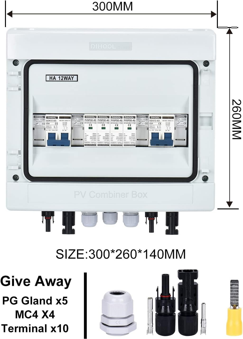 DIHOOL PV Solar Combiner Box for Solar Panels 2 String 25 Amp Junction Box DC500V 25A 2 in 2 Out