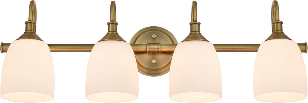 4-Light Champagne Bronze Bathroom Vanity Light Fixtures Over Mirror, Vintage Vanity Lights for Living Room, Milk White Glass Shades, Standard E26 Base