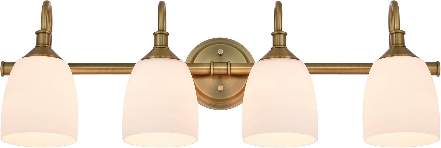 4-Light Champagne Bronze Bathroom Vanity Light Fixtures Over Mirror, Vintage Vanity Lights for Living Room, Milk White Glass Shades, Standard E26 Base