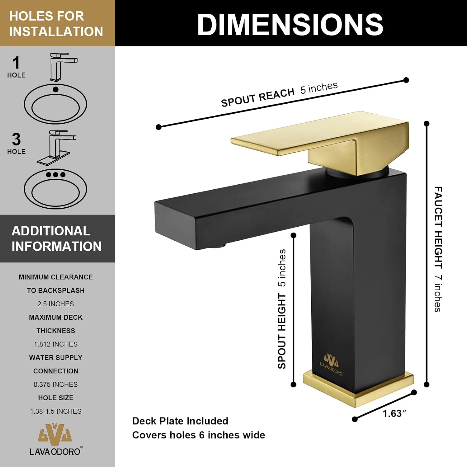 Lava Odoro Black and Gold Bathroom Faucet, Brass Single Hole Bathroom Sink Faucet Single Handle with Drain Assembly, Deck Plate Included, BF307-GB