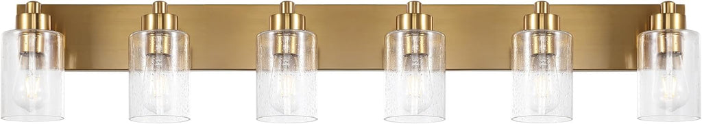 JONATHAN Y 40' Brass Gold/Clear 6-Light Modern LED Vanity Light for Bathroom Mirror, Mid-Century Wall Sconce with Clear Seeded Glass Shades, Contemporary Iron Fixture, LED Bulbs (JYL7621D)