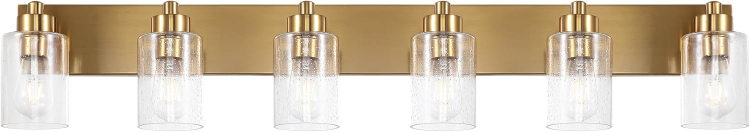 JONATHAN Y 40' Brass Gold/Clear 6-Light Modern LED Vanity Light for Bathroom Mirror, Mid-Century Wall Sconce with Clear Seeded Glass Shades, Contemporary Iron Fixture, LED Bulbs (JYL7621D)