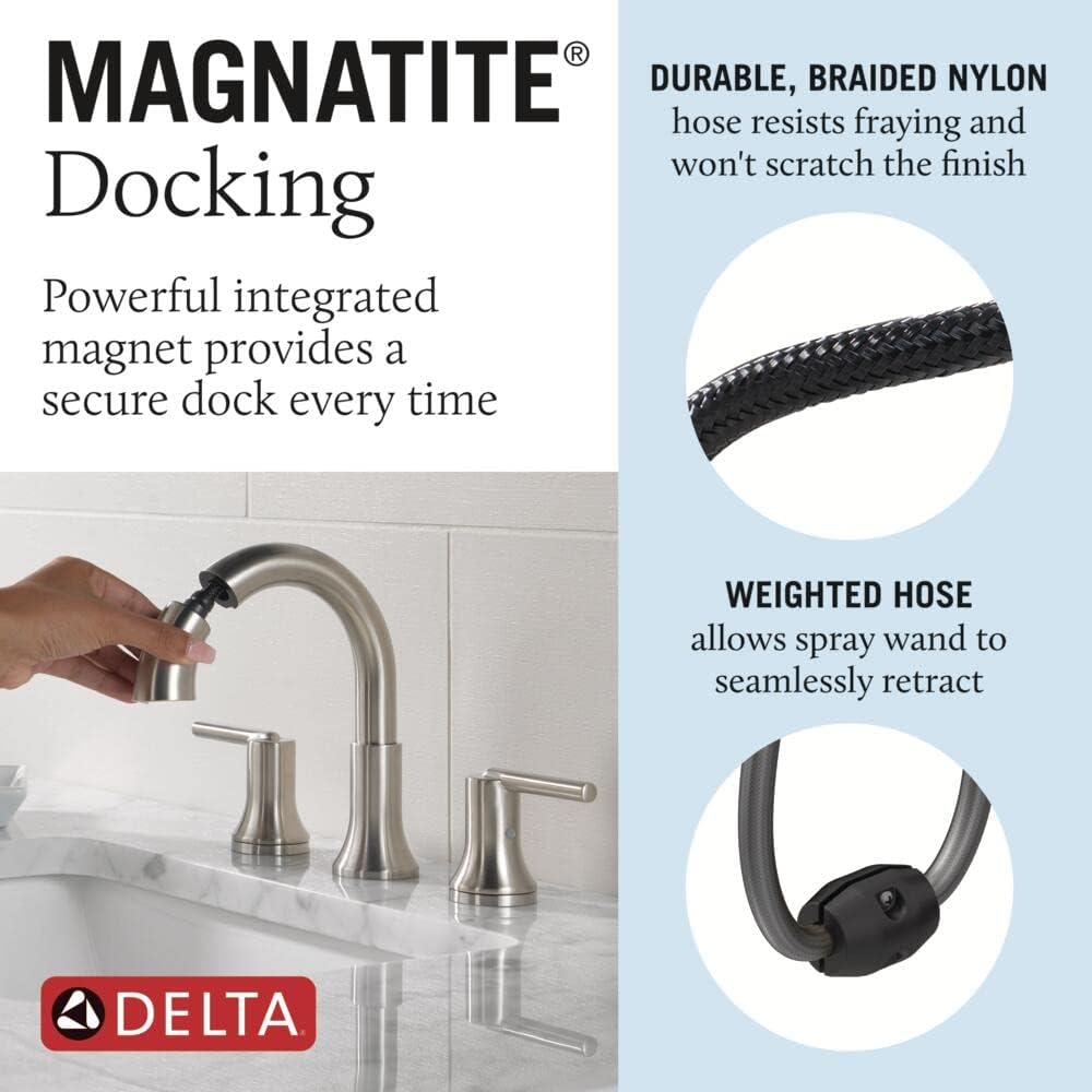 Delta Faucet Trinsic Pull Down Bathroom Faucet, Bathroom Pull Out Faucet, Chrome Widespread Bathroom Faucet 3 Hole with Pull Down Sprayer, Bathroom Sink Faucet Magnetic Docking, Chrome 3559-PD-DST
