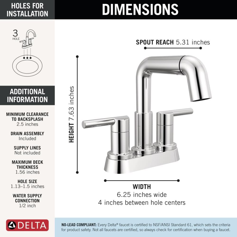 Delta Nicoli Centerset Chrome Bathroom Faucet with Sprayer, 4 Inch 3 Hole Bathroom Sink Faucet with Pull Out Sprayer, Push-Pop Drain, Chrome 25849LF-PD