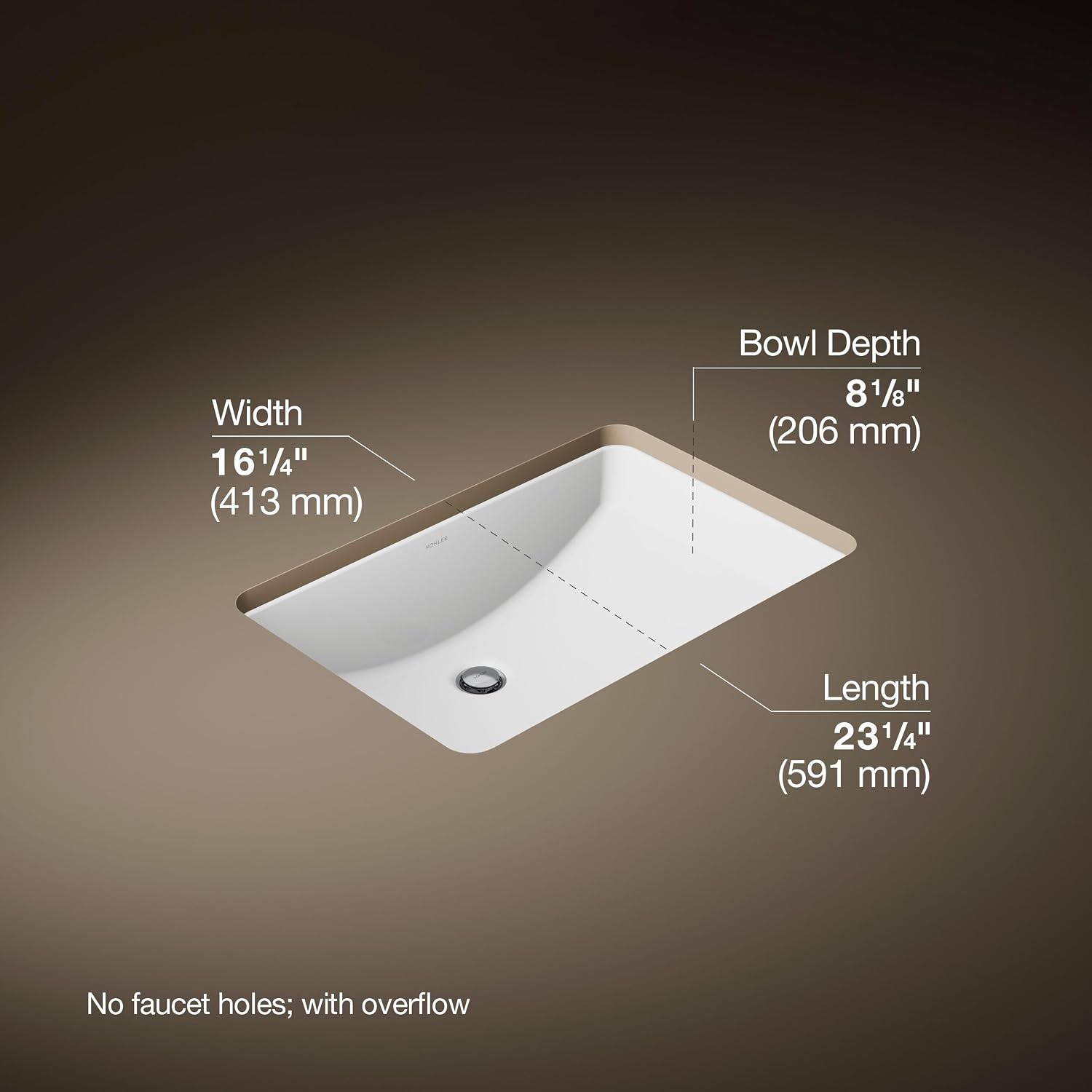 KOHLER 2215-0 Ladena Rectangular Undermount Bathroom Sink Vanity With Curved Bottom, 23-1/4 L x 16-1/4 W, White Bathroom Sinks