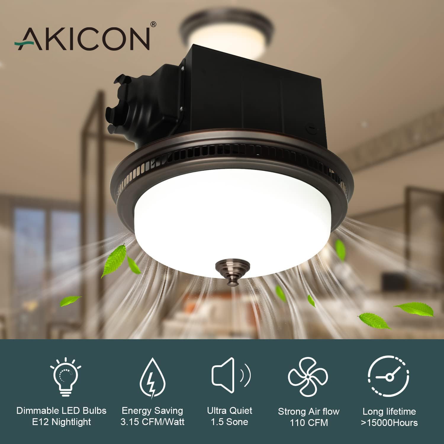 Akicon Bathroom Exhaust Fan with Light, Ultra Quiet 110 CFM 1.5 Sones Ventilation Exhaust Bathroom Fan Light Combo and Nightlight, 3 Years Warranty (Oil Rubbed Bronze)