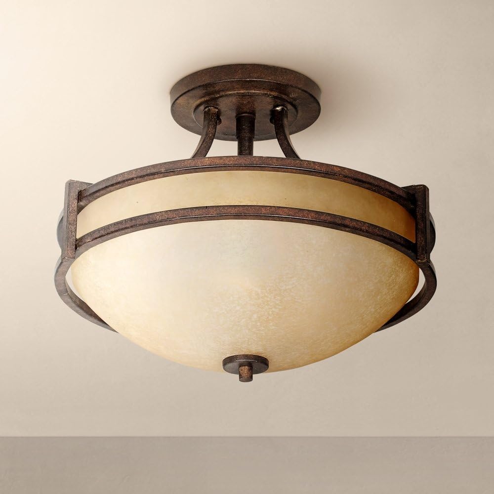 Franklin Iron Works Oak Valley Collection Rustic Farmhouse Ceiling Light Semi Flush Mount Fixture Bronze 18' Wide Cream Scavo Glass Bowl for Cottage Core Bedroom Kitchen Living Room Hallway Bathroom