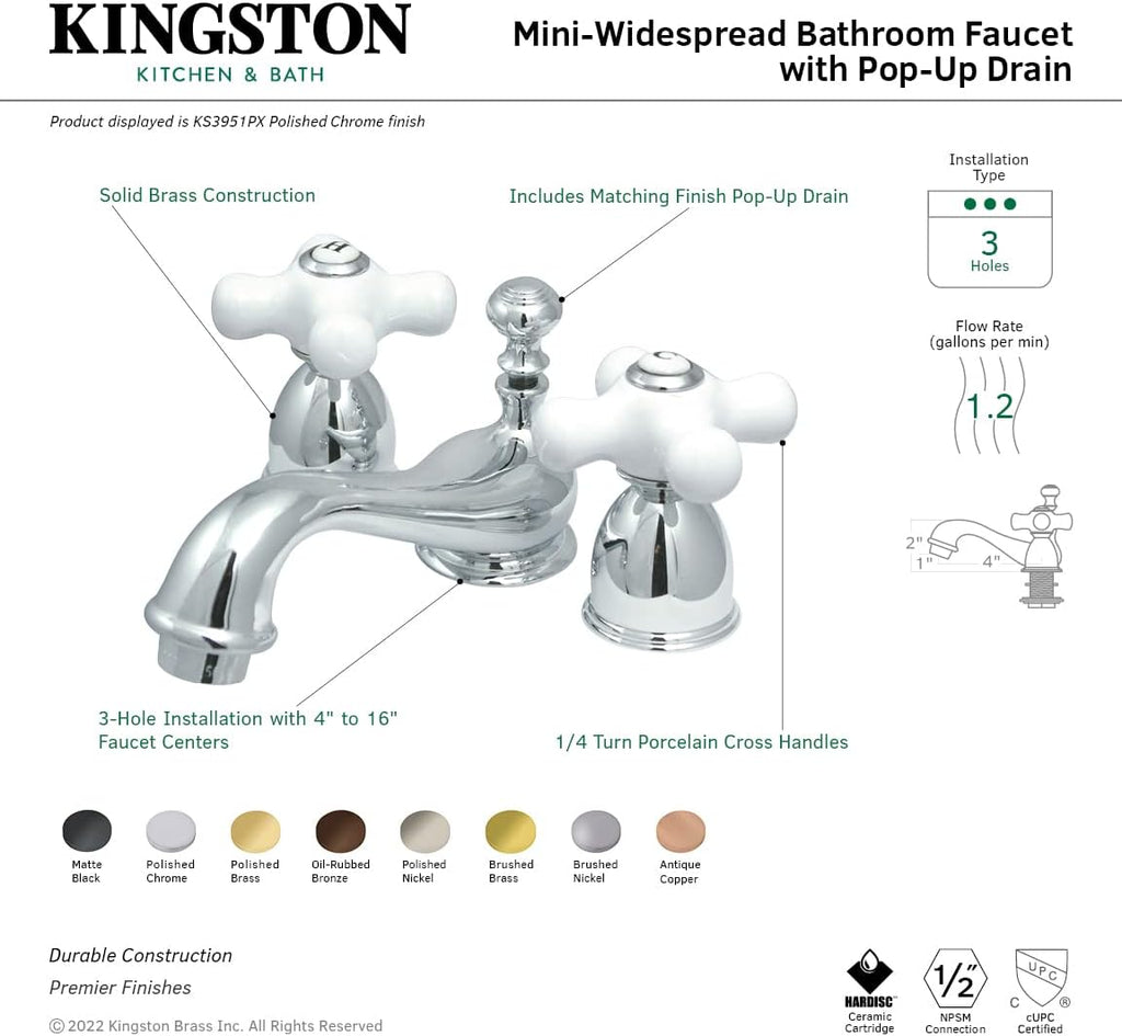 Kingston Brass KS3955PX Restoration Mini Widespread Lavatory Faucet with Porcelain Cross Handle, Oil Rubbed Bronze, 4-Inch Adjustable Center