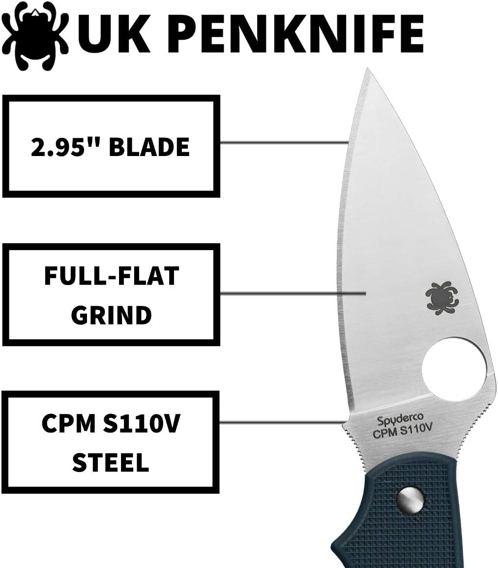 Spyderco UK Penknife Folding Pocket Knife, PlainEdge | 6.91' Overall Length, 2.9' CPM S110V Steel Blade, Midnight Blue, FRN Handle, SlipIt Lock, Full-Flat Grind