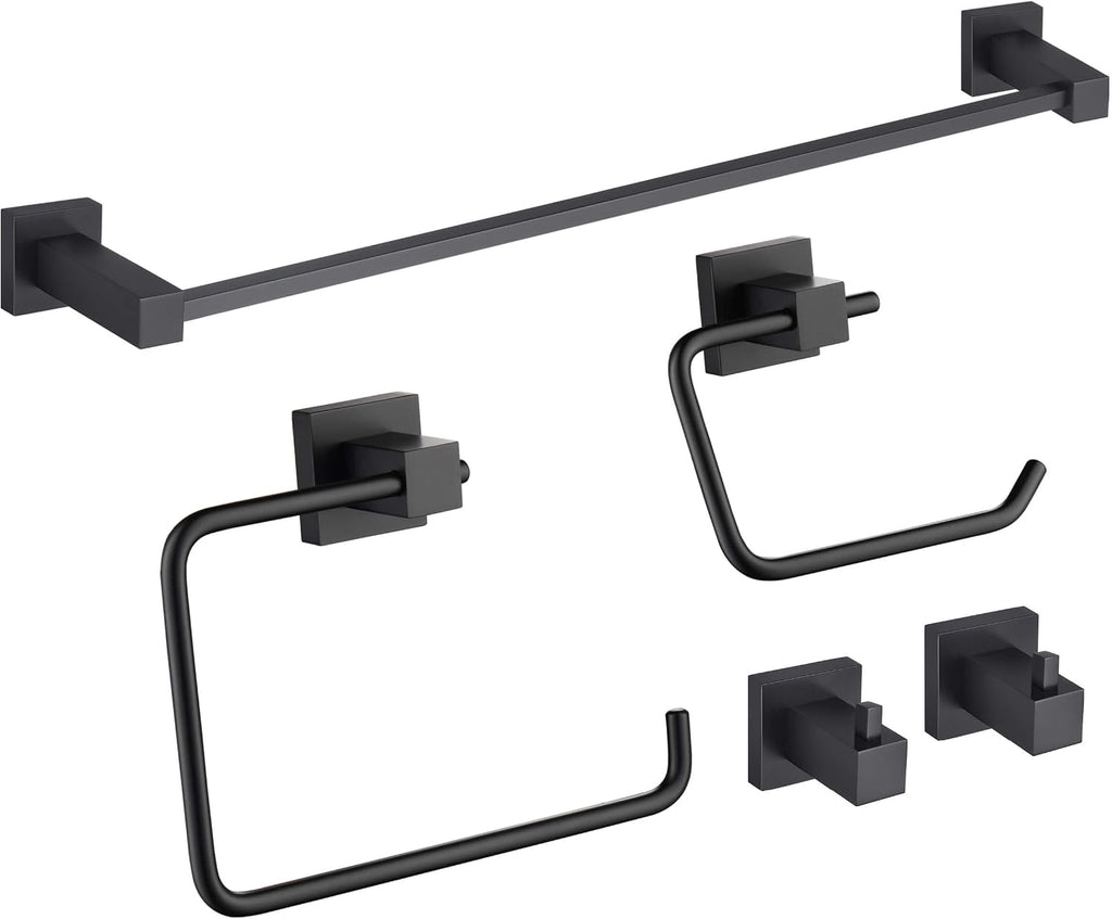 KIBI Cube Bathroom Hardware Set 5 Piece Bathroom Accessories Set | Towel Bar (24'), Towel Ring, Toilet Paper Holder, Robe Hooks (Matte Black) (C-KBA15-5-2)